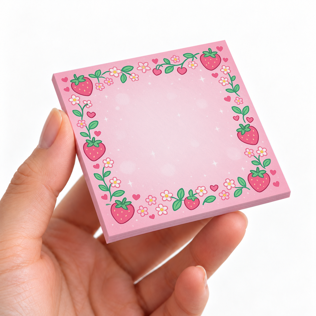 Kawaii Strawberry Garden sticky note pad on a desk with stationery