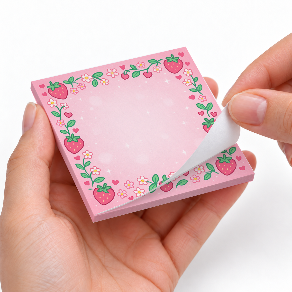 Kawaii Strawberry Garden sticky notes styled with a planner and desk accessories
