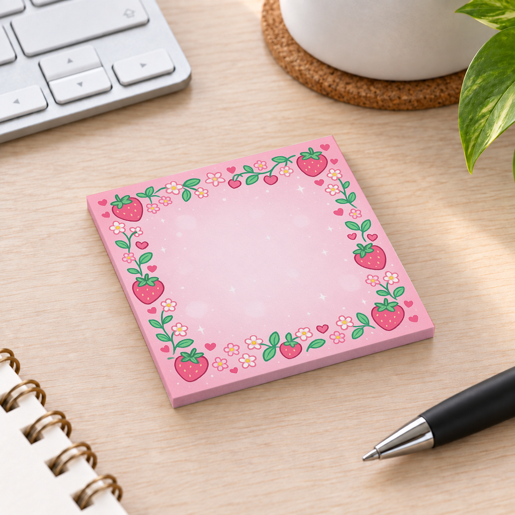 Close-up of Kawaii Strawberry Garden sticky note design and writable area