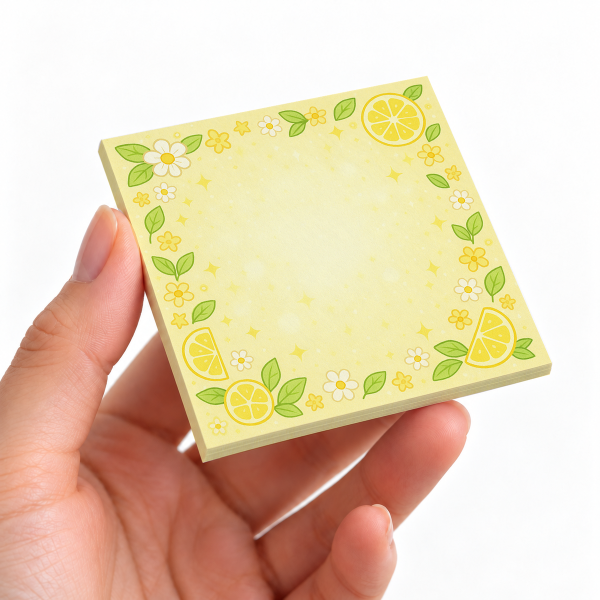 Sunny Lemon Slice sticky note pad on a desk with stationery