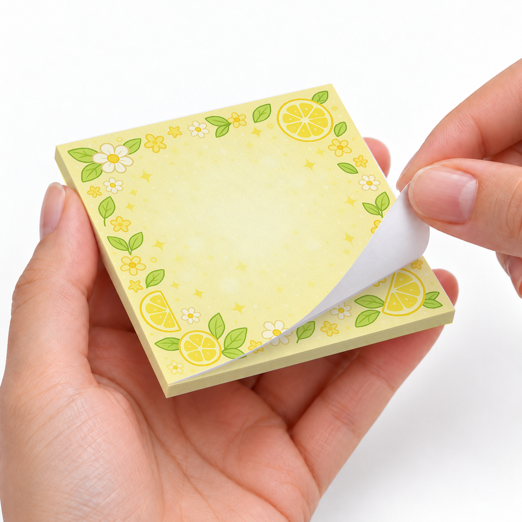 Sunny Lemon Slice sticky notes styled with a planner and desk accessories