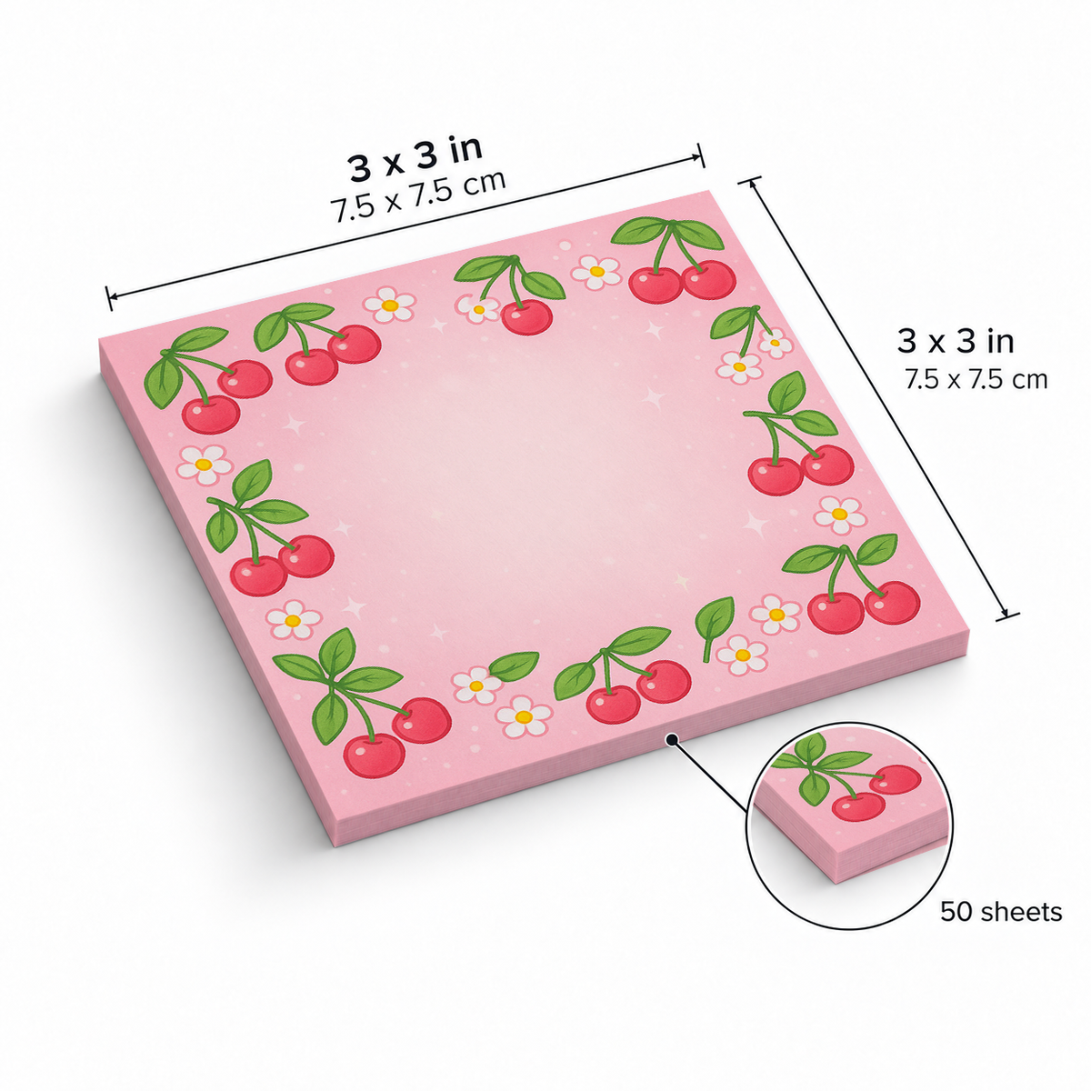 Sweet Cherry Blossom sticky notes, 3x3 in (7.5 x 7.5 cm), 50 sheets