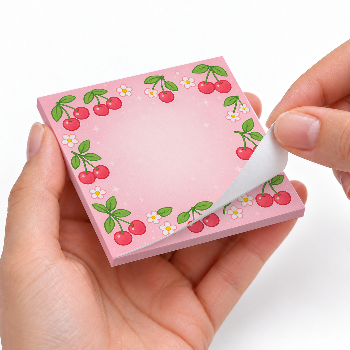 Sweet Cherry Blossom sticky notes styled with a planner and desk accessories