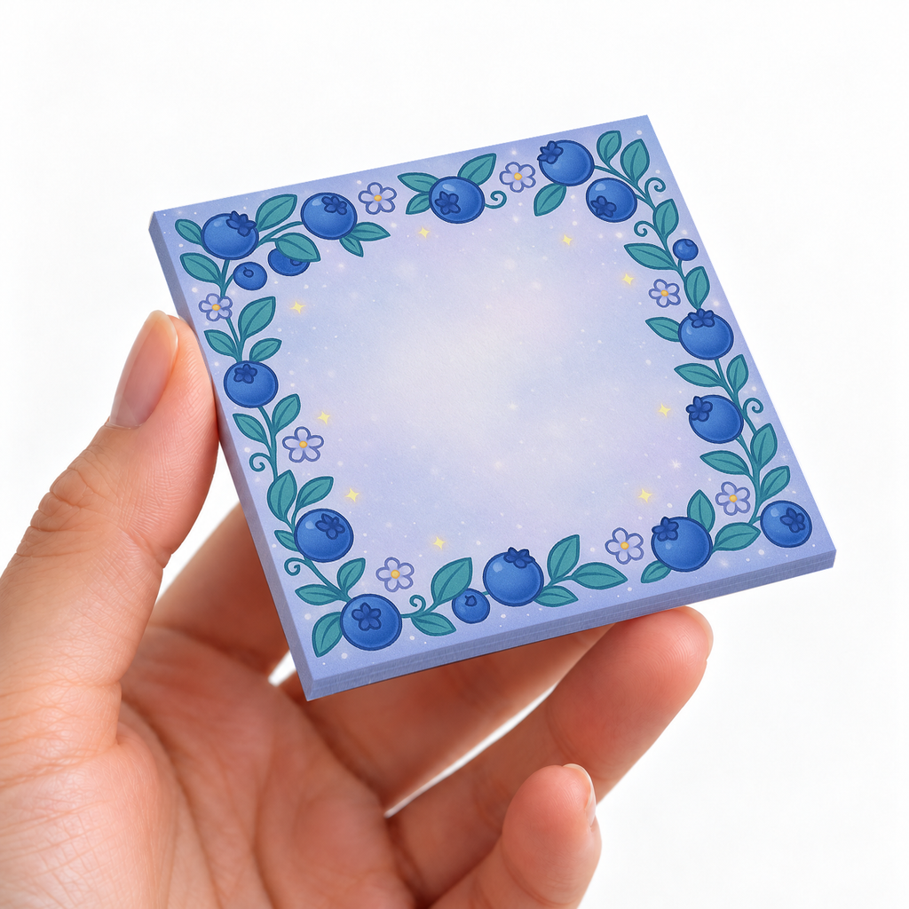 Wild Blueberry Vine sticky note pad on a desk with stationery