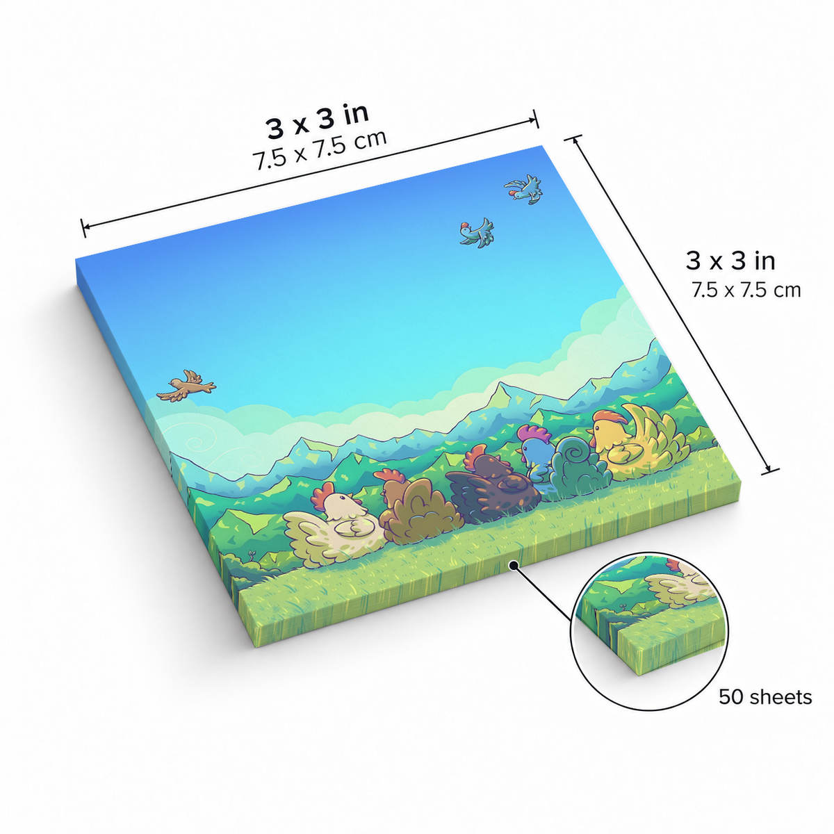 Cozy Farm Chickens sticky notes, 3x3 in (7.5 x 7.5 cm), 50 sheets
