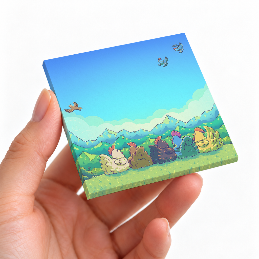 Cozy Farm Chickens sticky note pad on a desk with stationery