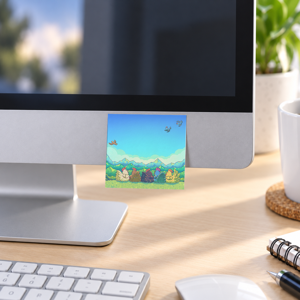 Cozy Farm Chickens memo pad in an office or home workspace