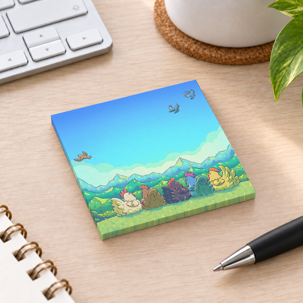 Close-up of Cozy Farm Chickens sticky note design and writable area