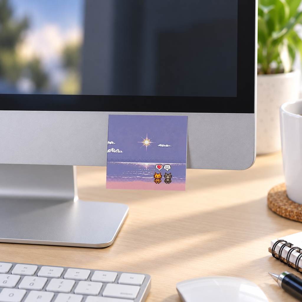 Pixel Art Beach Cats memo pad in an office or home workspace