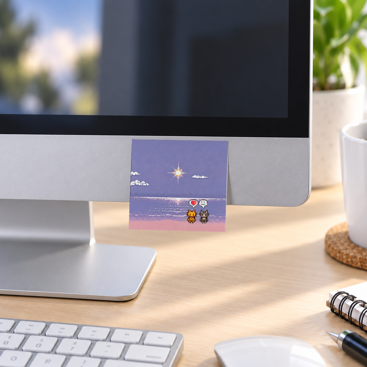 Pixel Art Beach Cats memo pad in an office or home workspace