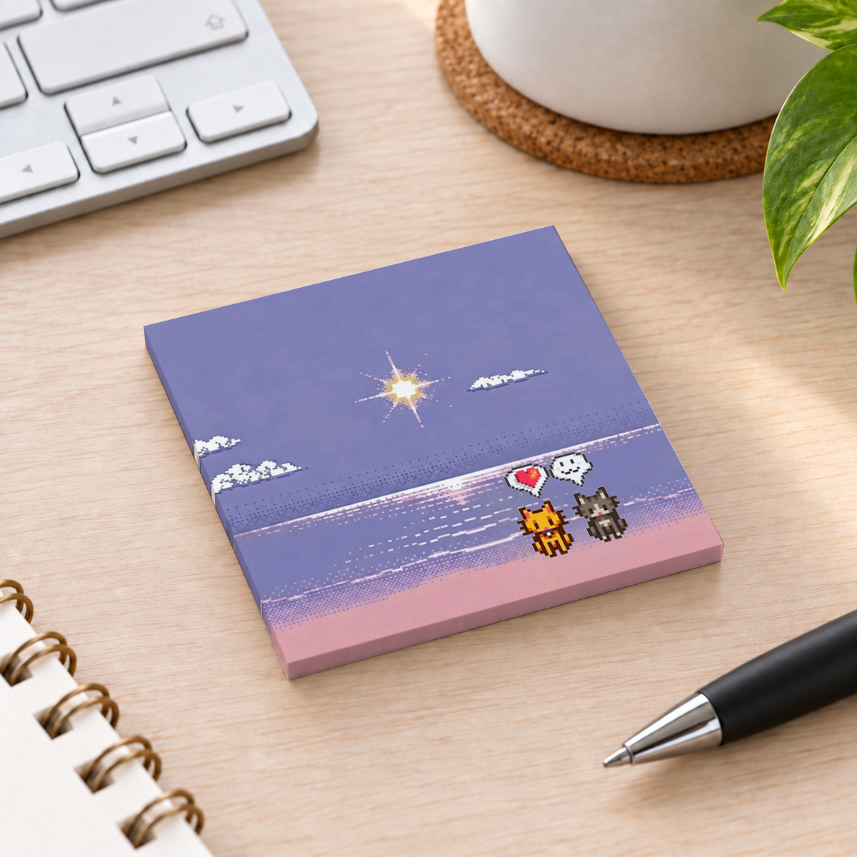 Close-up of Pixel Art Beach Cats sticky note design and writable area