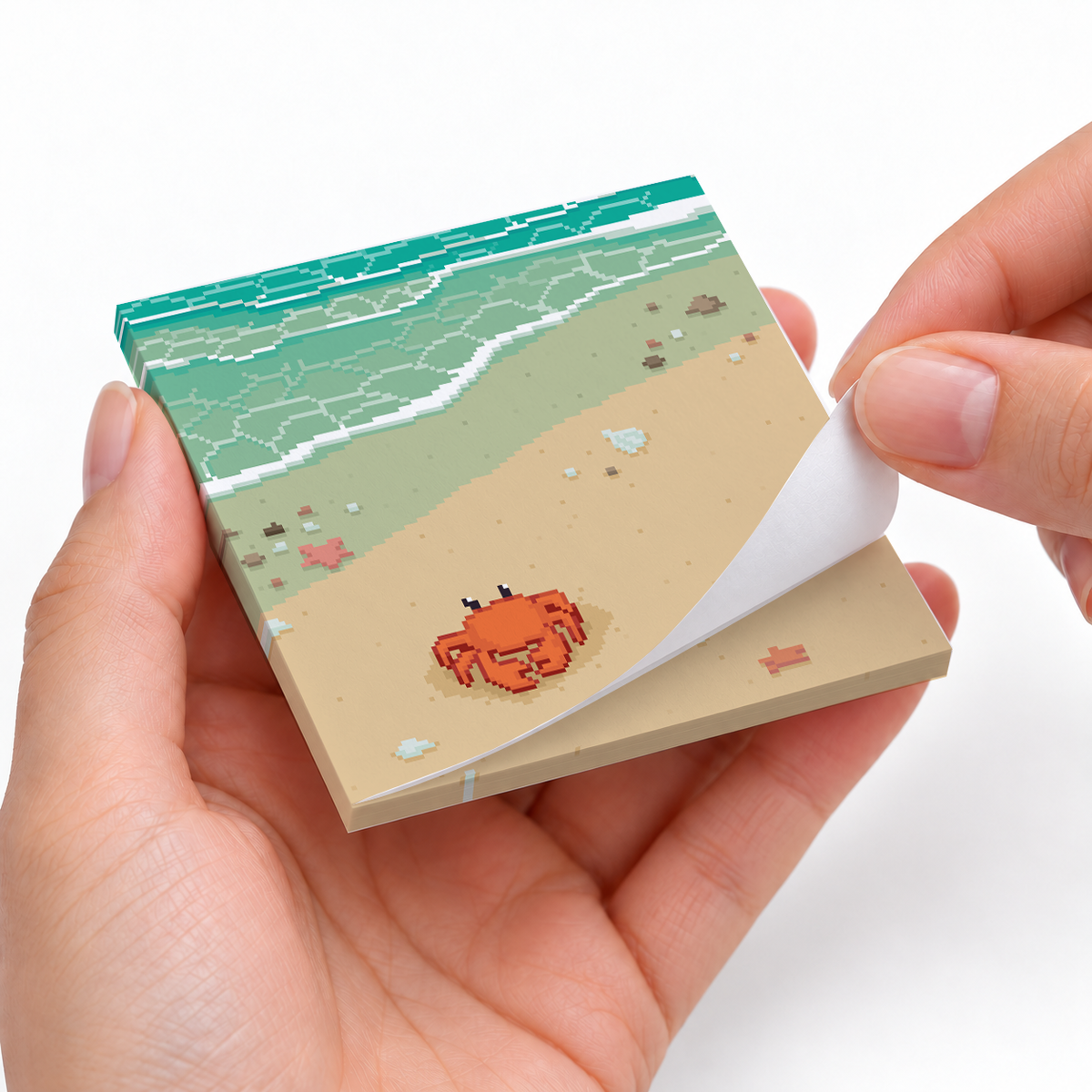 Pixel Art Beach Crab sticky notes styled with a planner and desk accessories