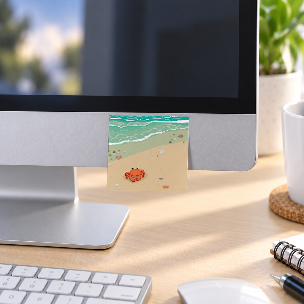 Pixel Art Beach Crab memo pad in an office or home workspace