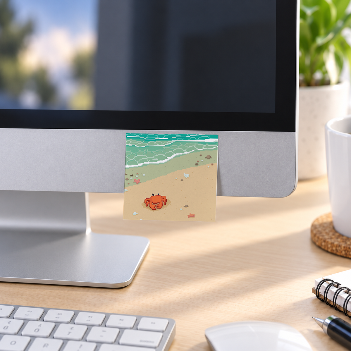 Pixel Art Beach Crab memo pad in an office or home workspace
