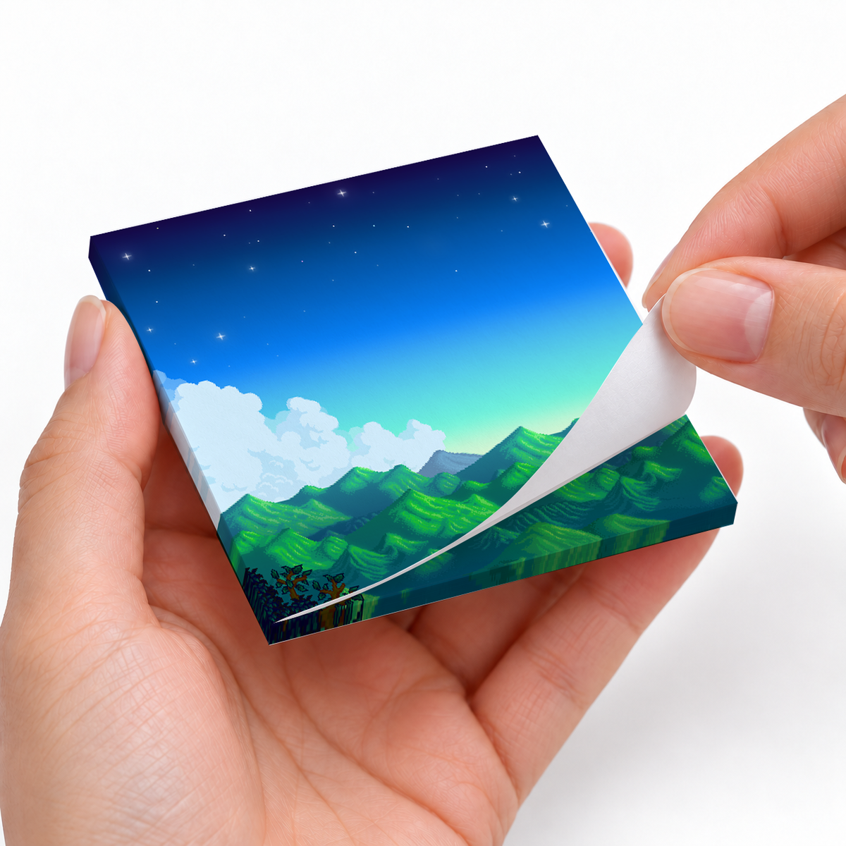 Pixel Art Mountain Night sticky notes styled with a planner and desk accessories