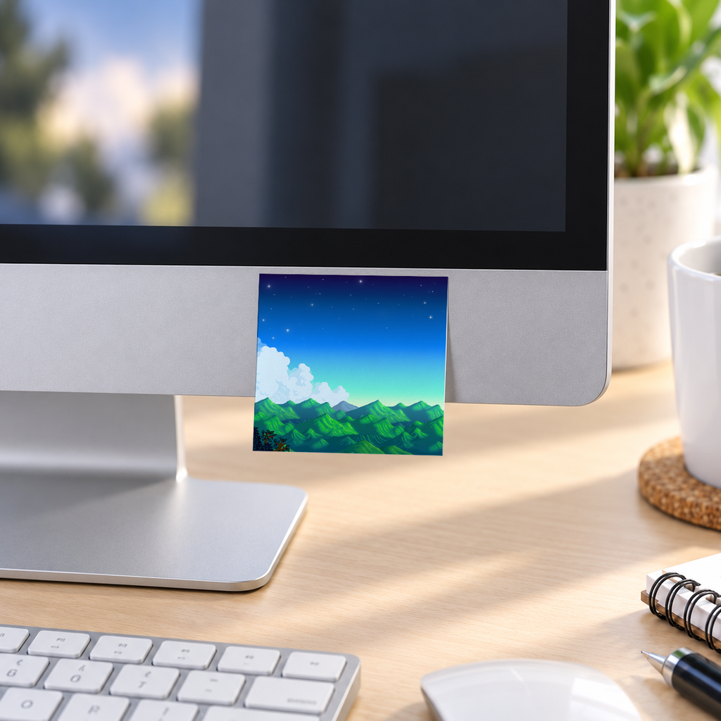 Pixel Art Mountain Night memo pad in an office or home workspace