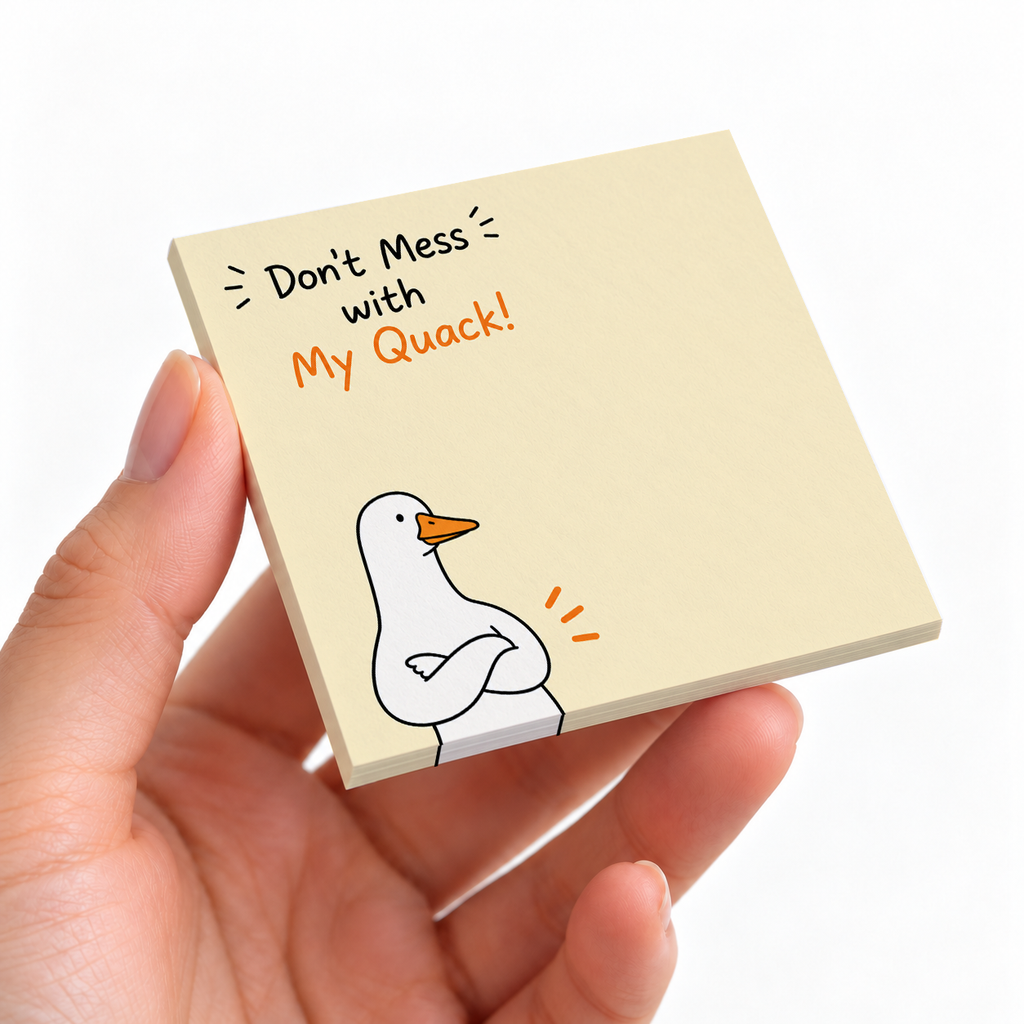 Funny Duck sticky note pad on a desk with stationery