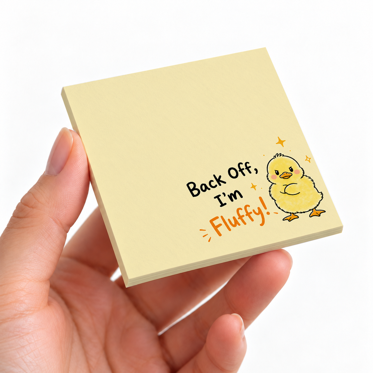 Angry Fluffy Chick sticky note pad on a desk with stationery