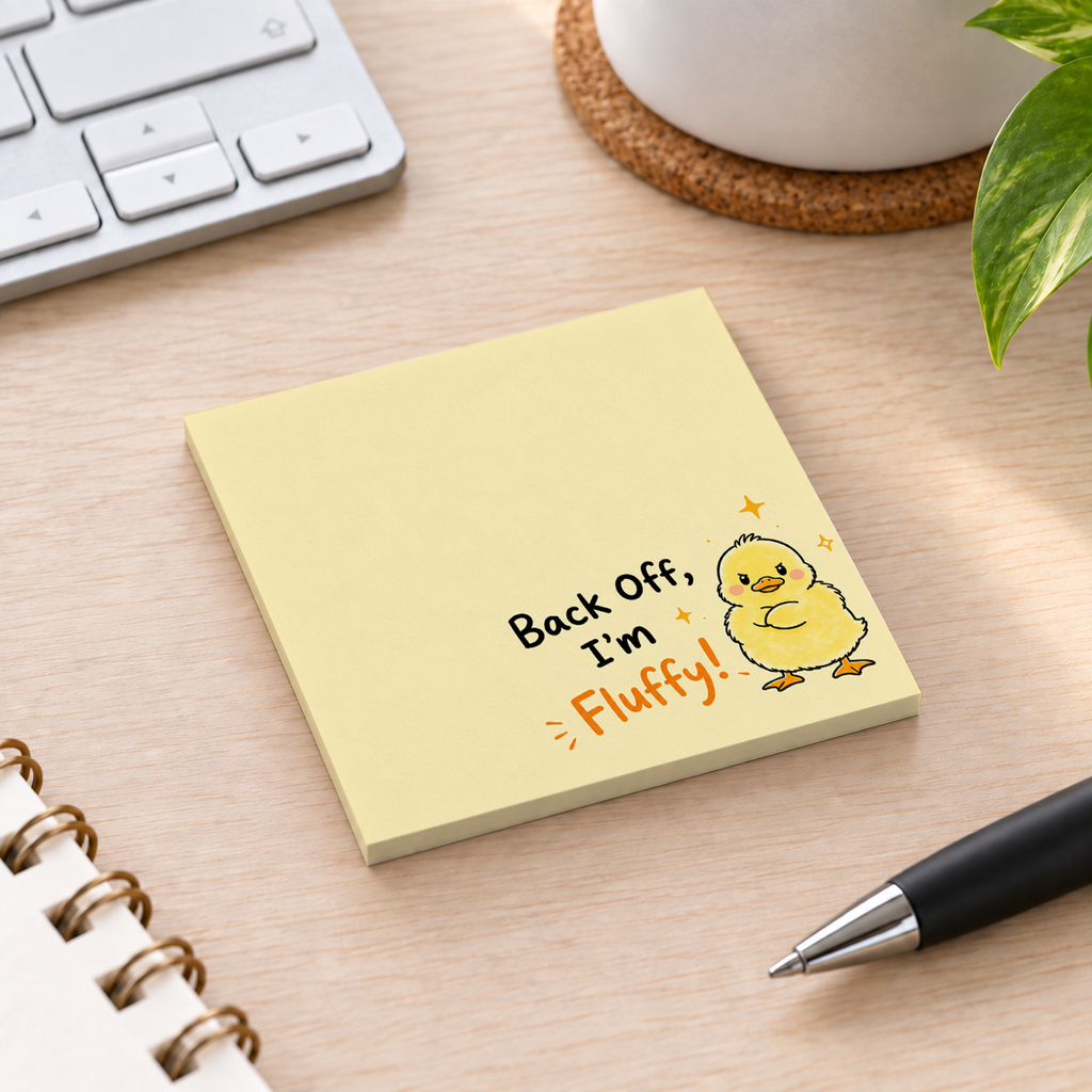 Close-up of Angry Fluffy Chick sticky note design and writable area