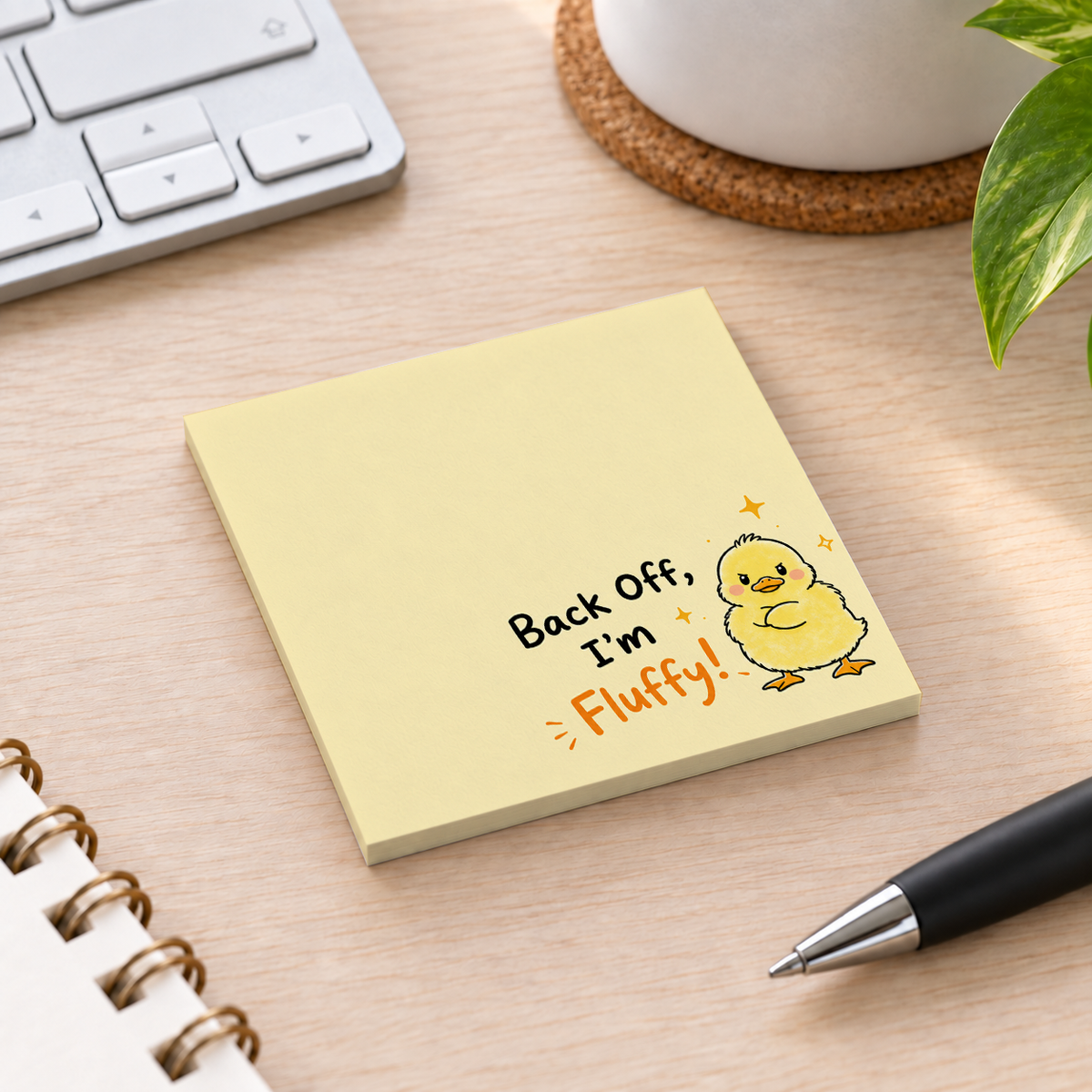 Close-up of Angry Fluffy Chick sticky note design and writable area