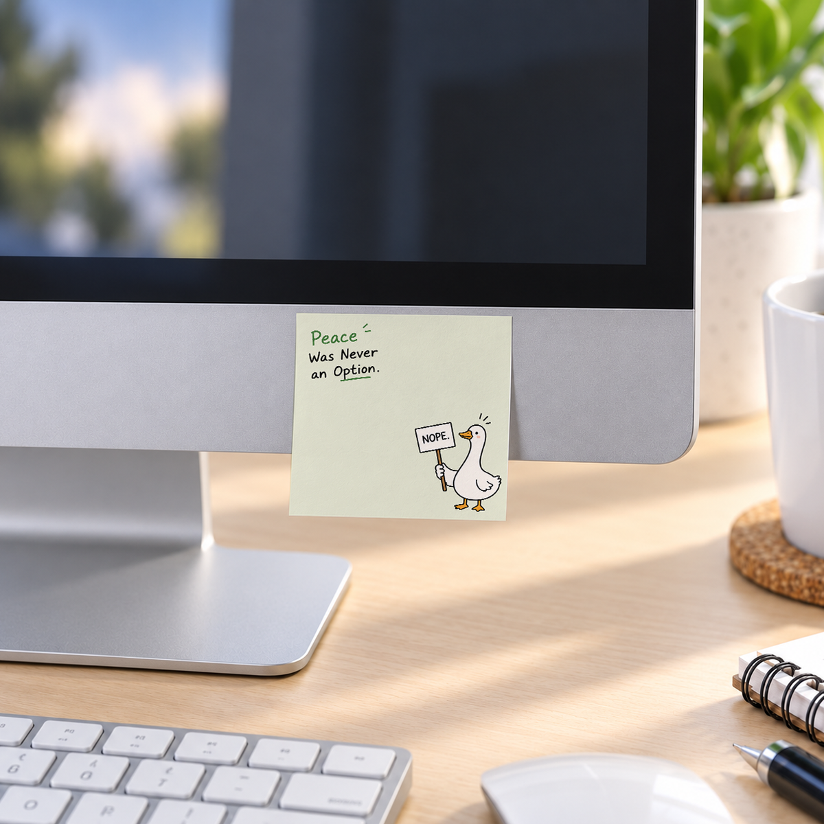 Duck Holding NOPE Sign Sticky Notes - Peace Was Never An Option memo pad in an office or home workspace