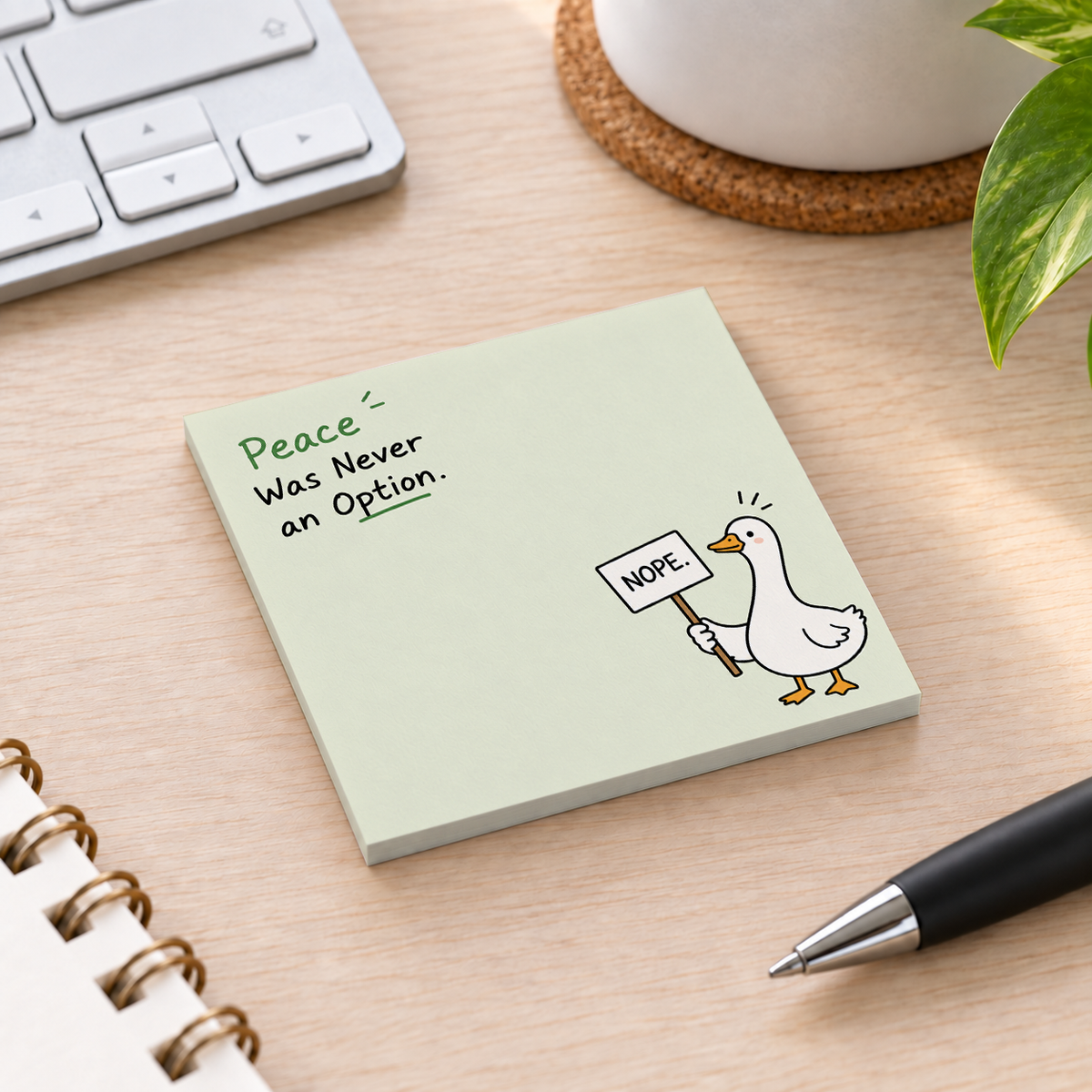 Close-up of Duck Holding NOPE Sign Sticky Notes - Peace Was Never An Option sticky note design and writable area