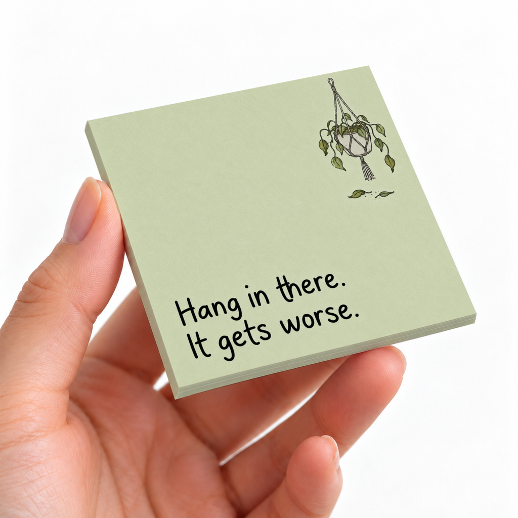 Hand holding a pale green sticky note pad with a wilted hanging plant and “Hang in there. It gets worse.”