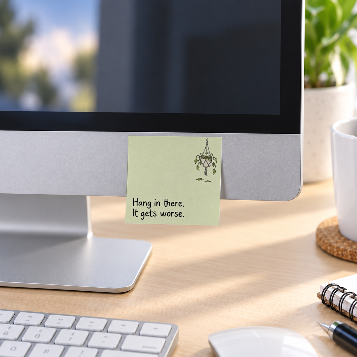 A pale green sticky note is attached to a desktop monitor, showing a wilted plant and “Hang in there. It gets worse.”