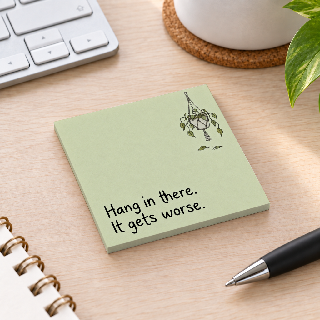 Green sticky note pad with a wilted hanging plant and “Hang in there. It gets worse.” on a wooden desk.