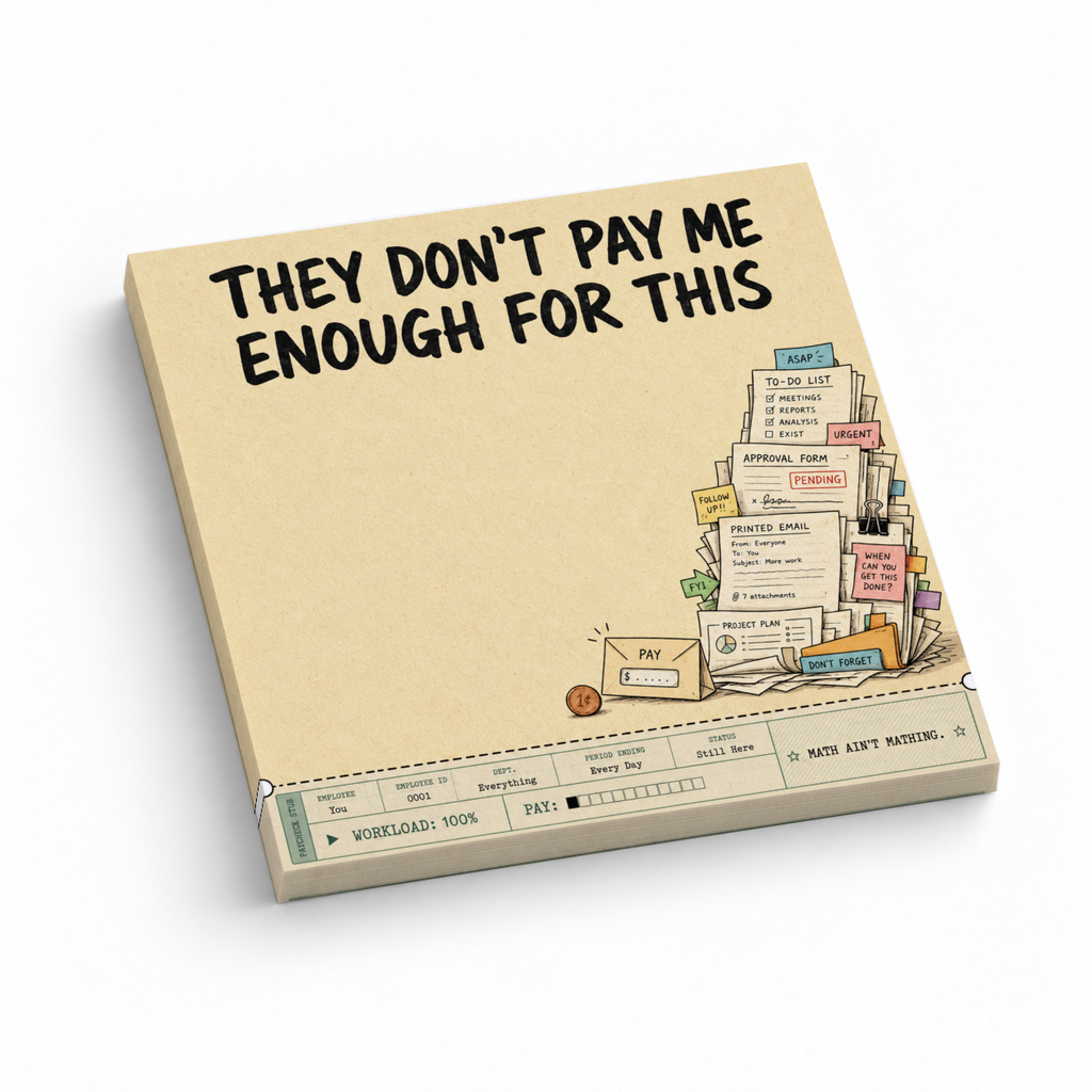 A beige sticky note pad reads “They Don’t Pay Me Enough for This” and shows a stack of office paperwork.