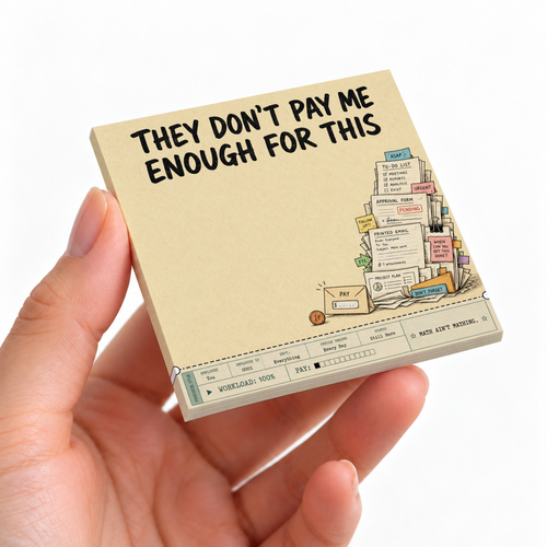 Hand holding a beige sticky note pad reading “They Don't Pay Me Enough for This,” with an office paperwork illustration.