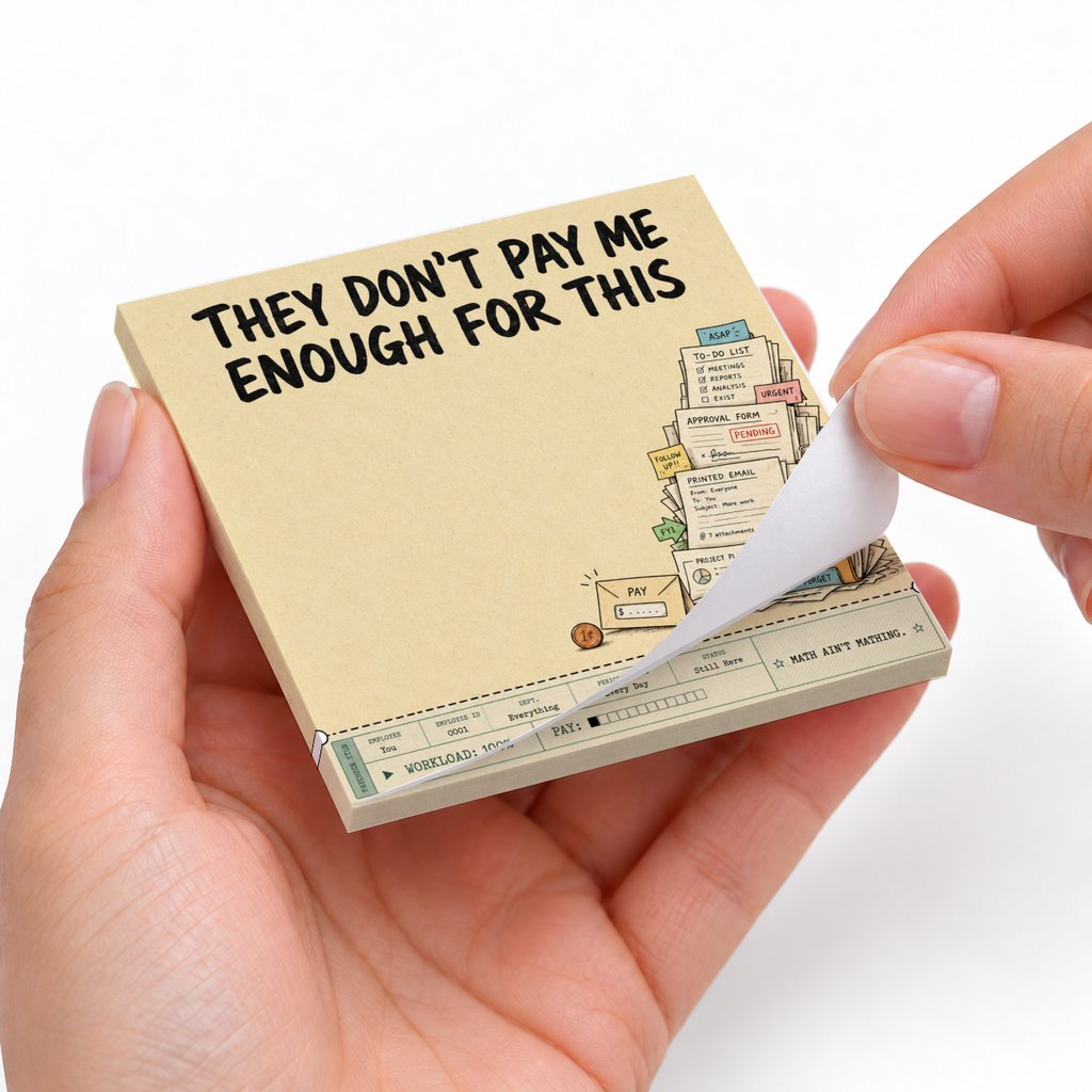Hands peel a sheet from a beige 3 x 3 inch sticky note pad reading “They Don’t Pay Me Enough for This.”