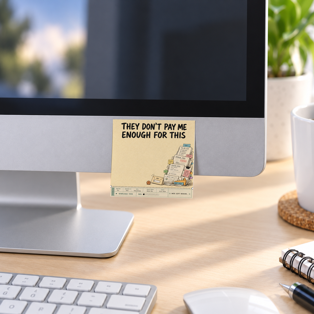 Yellow sticky note pad reading “They Don’t Pay Me Enough for This” attached to a monitor above a desk.