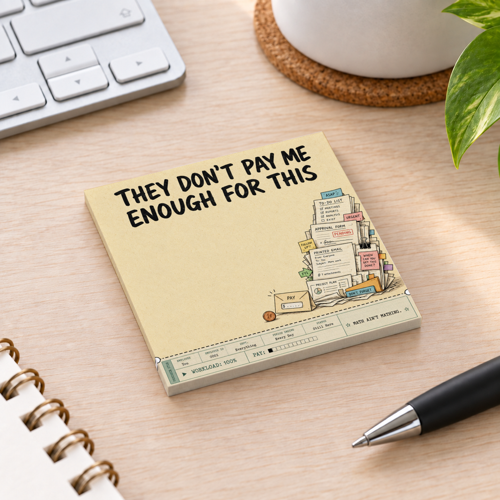 Office sticky note pad reading “They Don’t Pay Me Enough for This” on a desk beside a keyboard, pen, and plant.