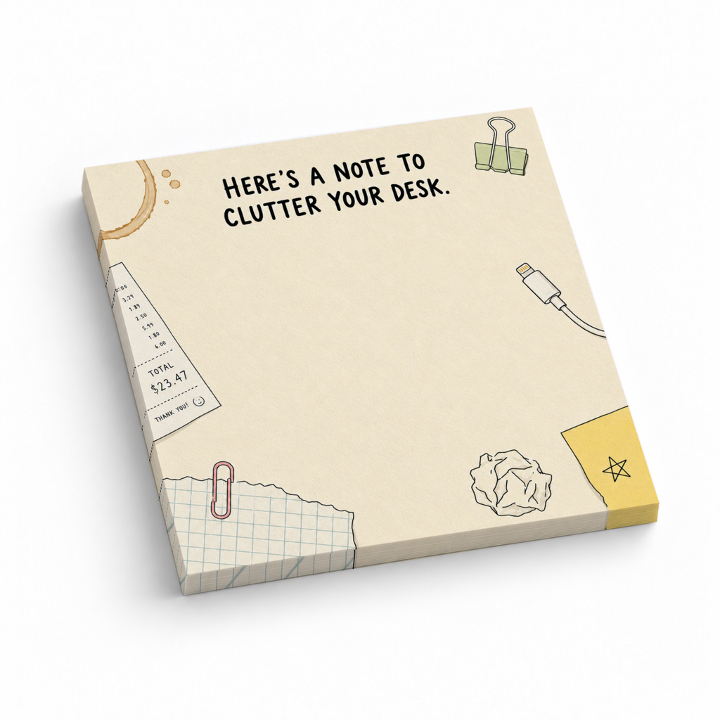 Cream 3 x 3 sticky note pad with desk clutter doodles and “Here’s a note to clutter your desk” text.