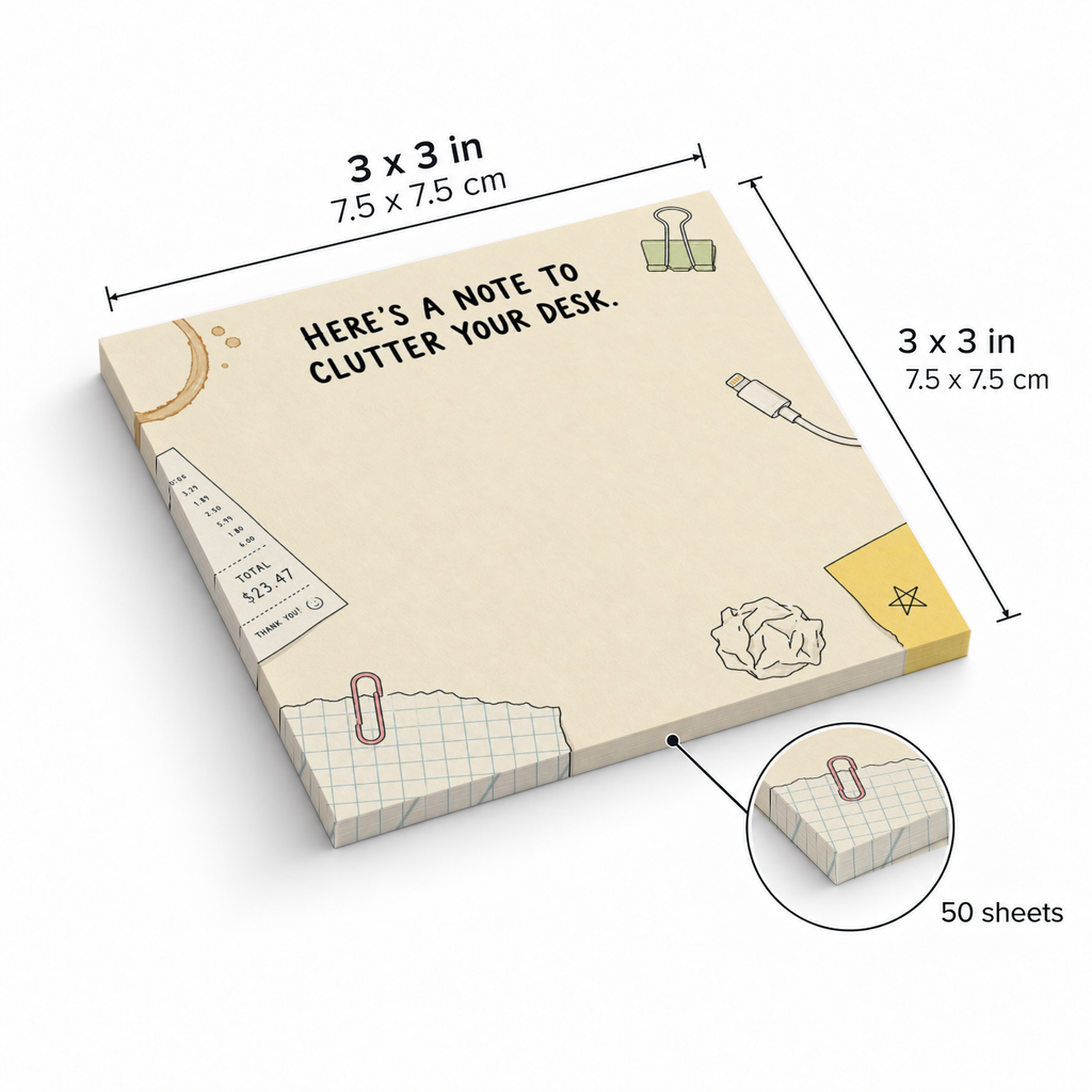 Cream Desk Clutter Doodles sticky note pad with desk-item illustrations, measuring 3 x 3 inches and containing 50 sheets.