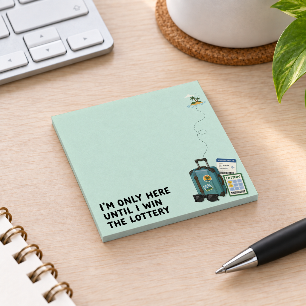 Lottery Vacation Suitcase sticky note pad on a wood desk, featuring a suitcase, ticket, island, and lottery quote.