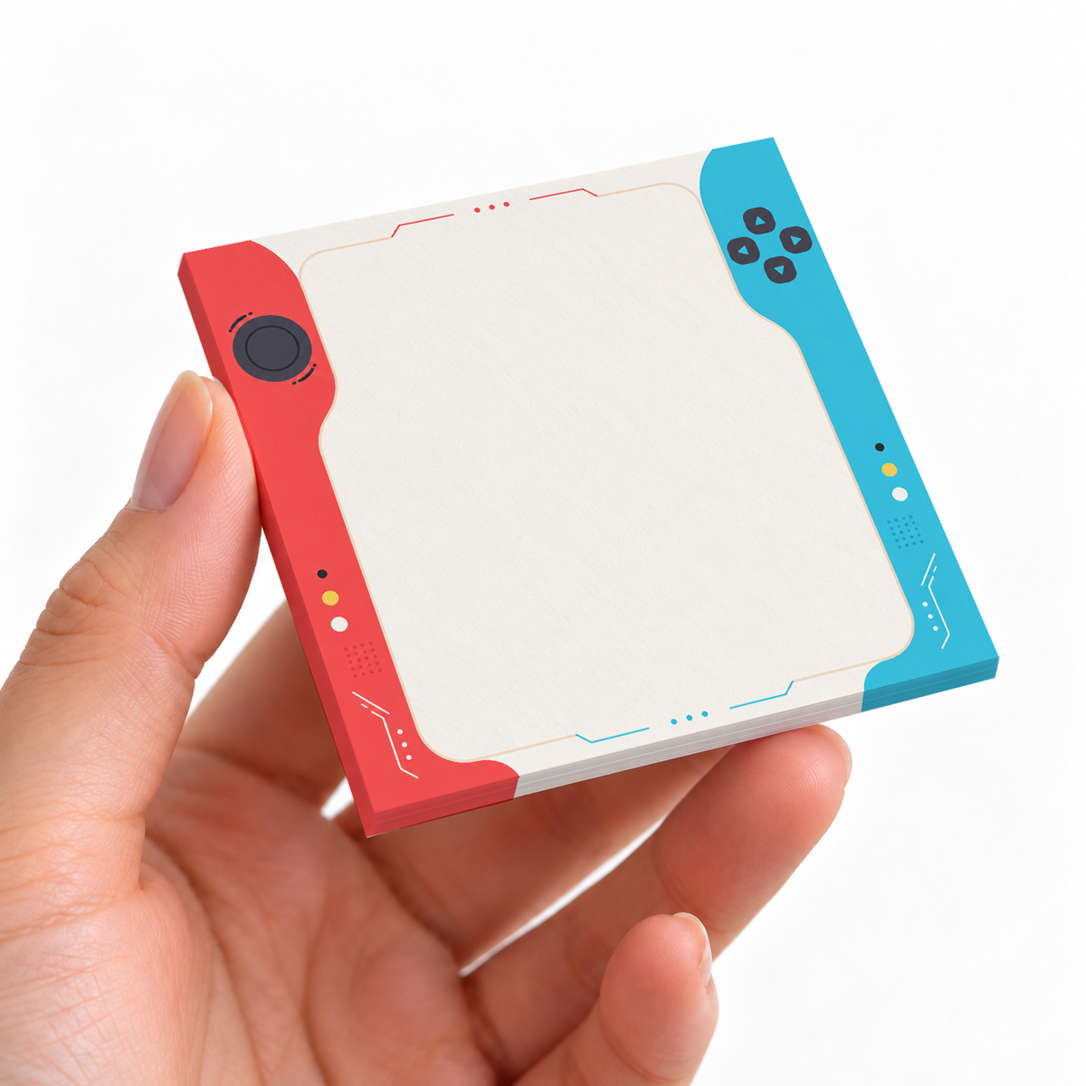 Red and Blue Gamer Console sticky note pad on a desk with stationery