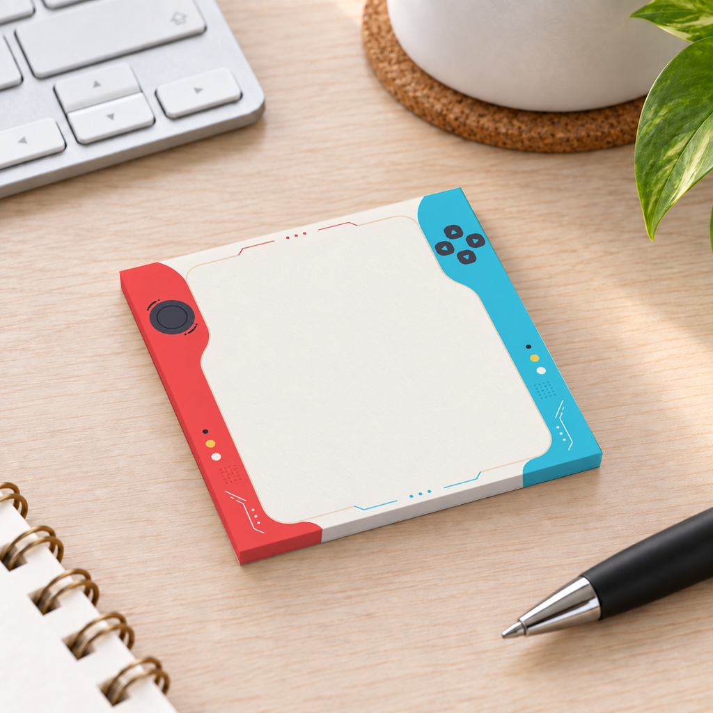 Close-up of Red and Blue Gamer Console sticky note design and writable area