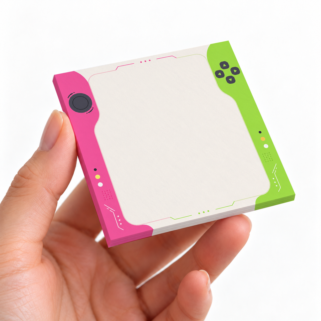 Pink and Green Handheld Console sticky note pad on a desk with stationery