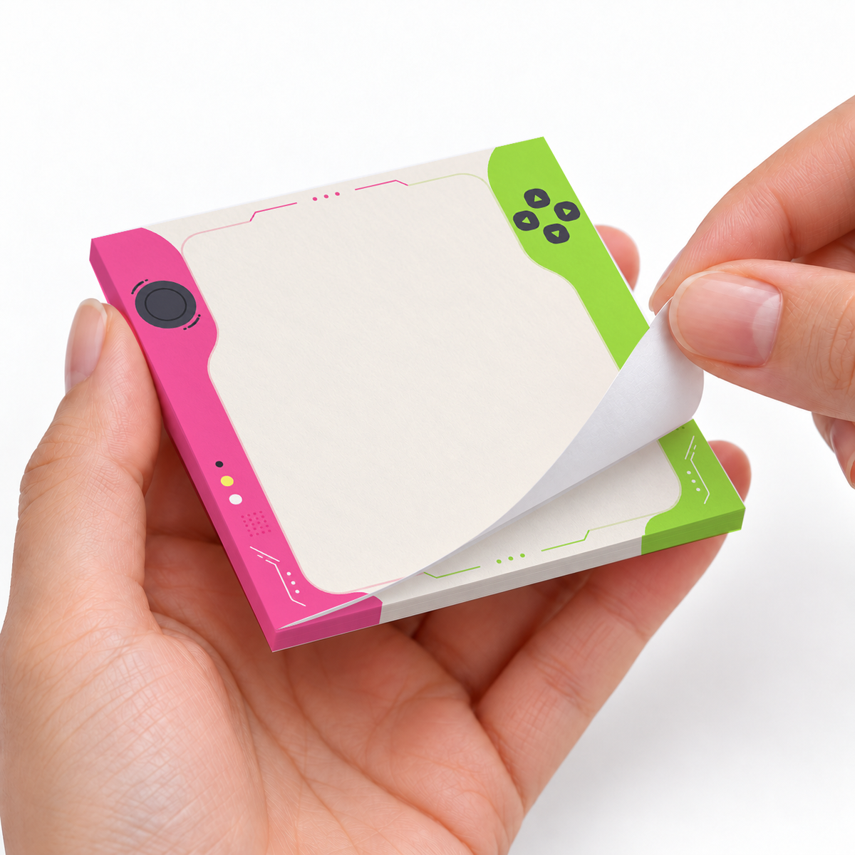 Pink and Green Handheld Console sticky notes styled with a planner and desk accessories