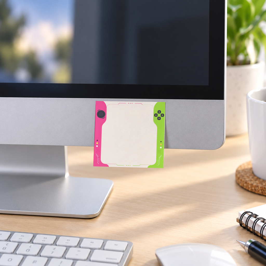 Pink and Green Handheld Console memo pad in an office or home workspace