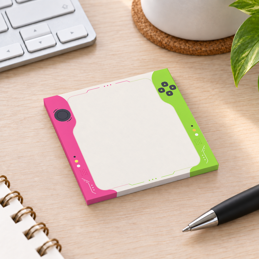 Close-up of Pink and Green Handheld Console sticky note design and writable area
