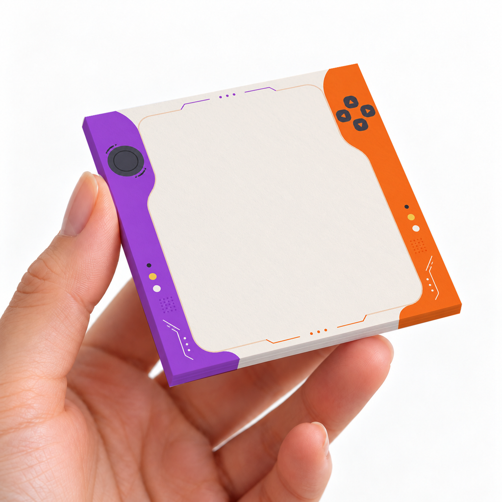 Purple and Orange Gaming Console sticky note pad on a desk with stationery