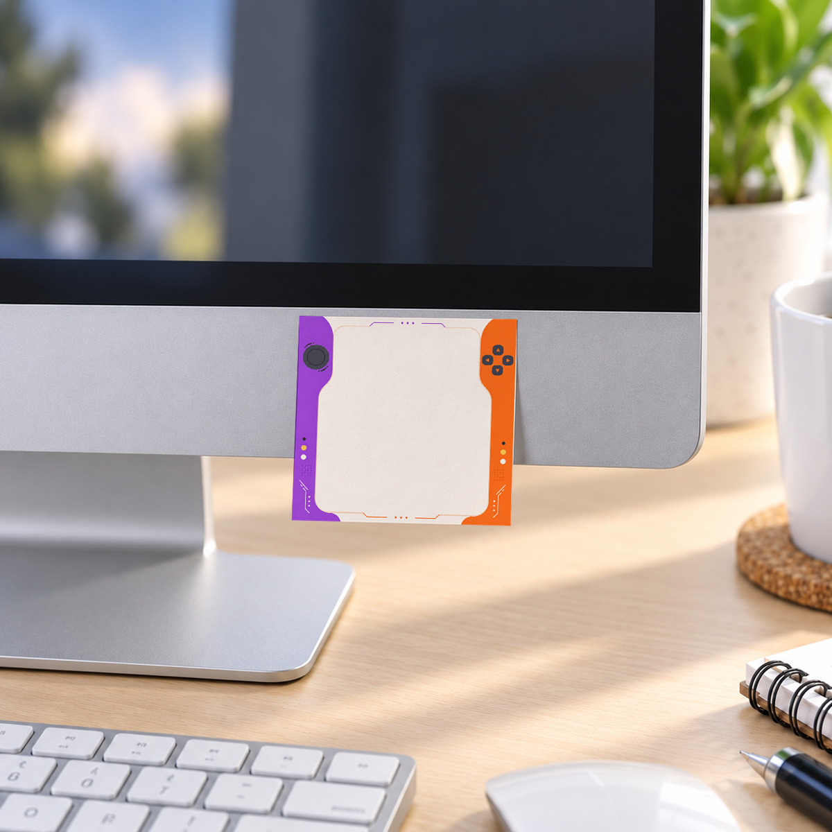 Purple and Orange Gaming Console memo pad in an office or home workspace