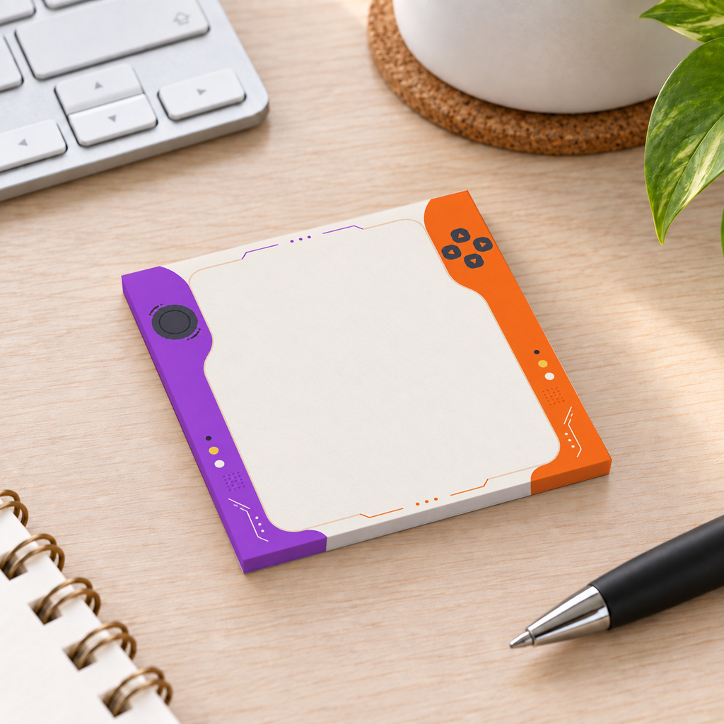 Close-up of Purple and Orange Gaming Console sticky note design and writable area
