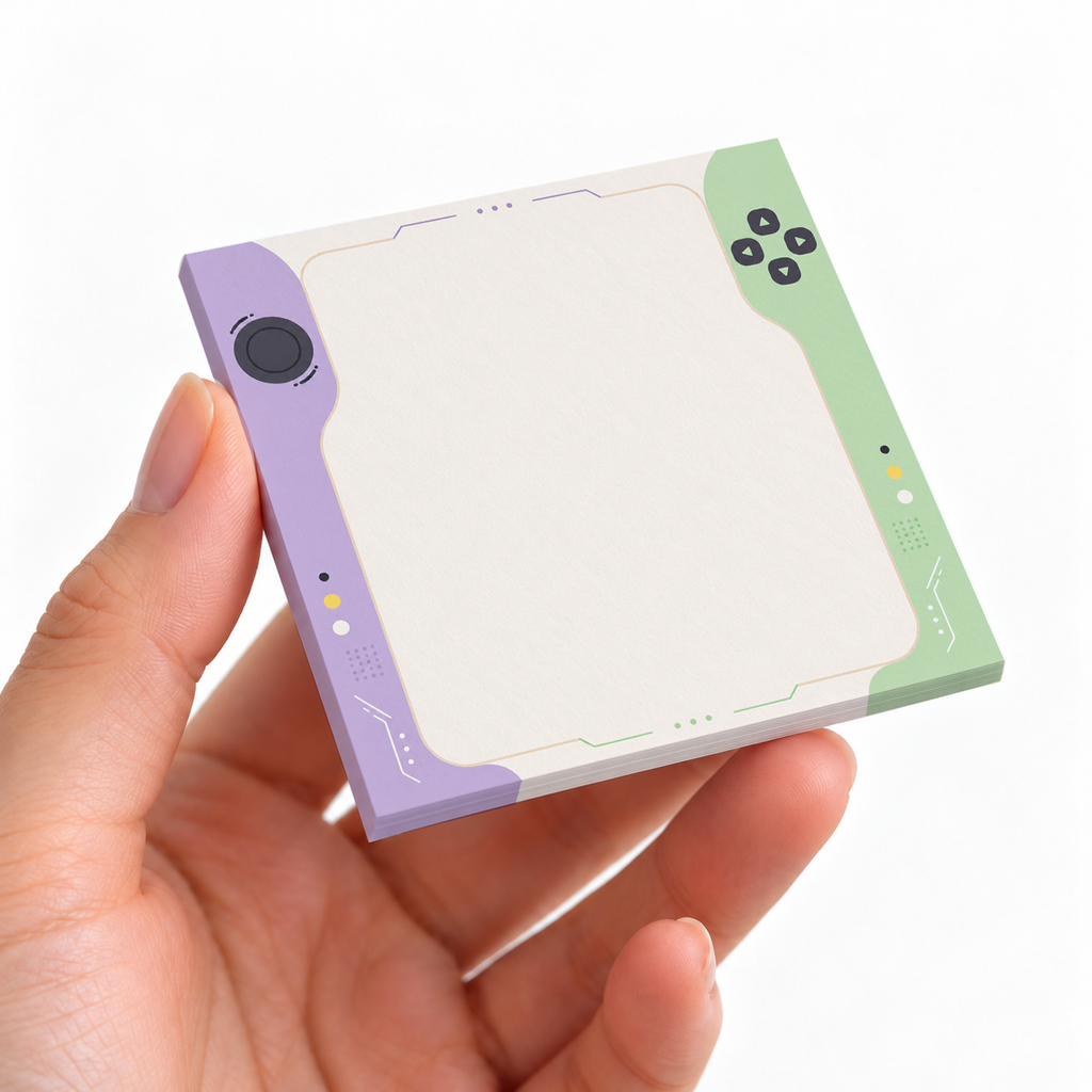 Pastel Handheld Console sticky note pad on a desk with stationery