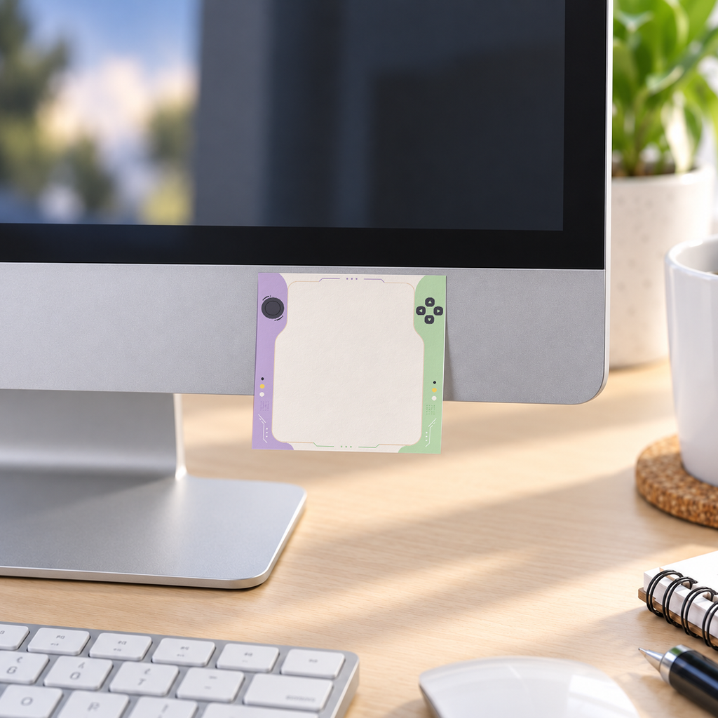 Pastel Handheld Console memo pad in an office or home workspace