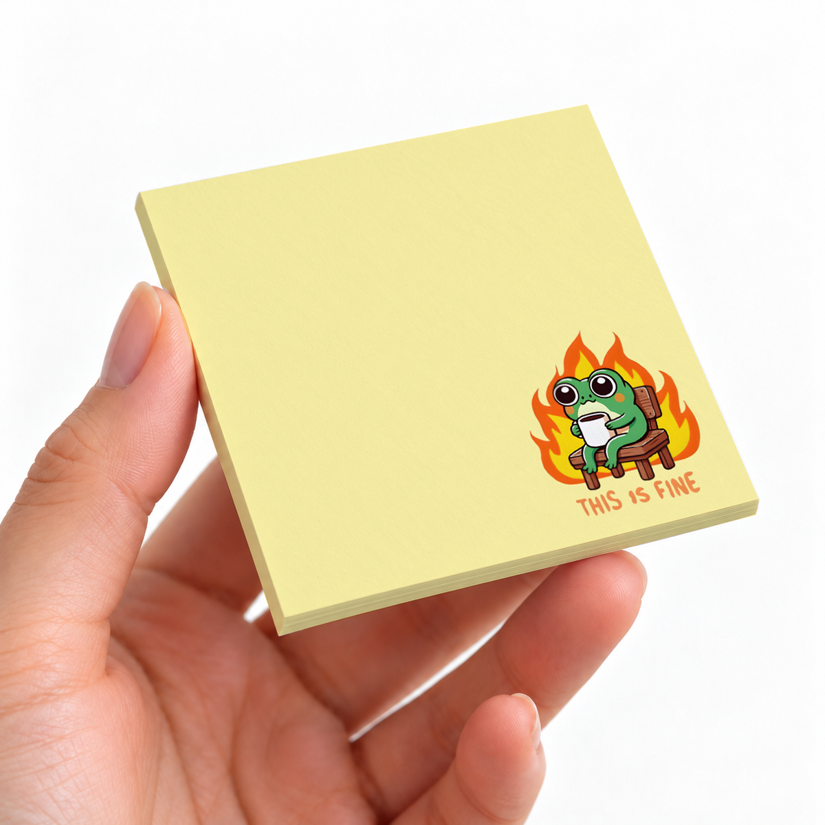 This Is Fine Frog Meme sticky note pad on a desk with stationery