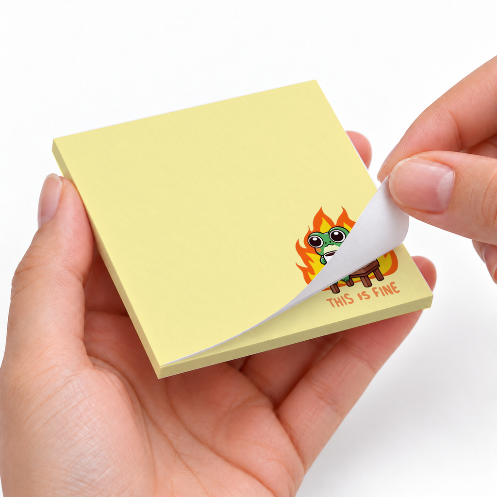 This Is Fine Frog Meme sticky notes styled with a planner and desk accessories